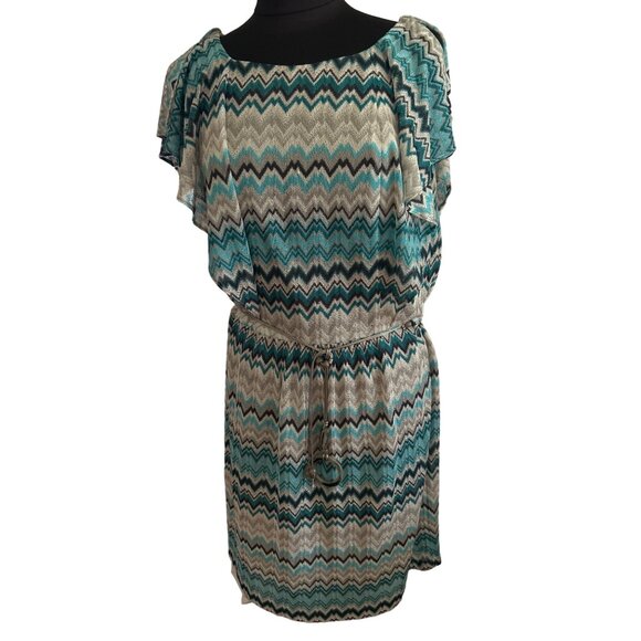 J. Taylor Women's Zigzag Pattern Dress Size 14 100% Polyester Teal & Gray Lined - Picture 1 of 11
